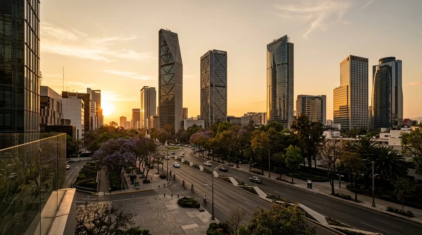 Avenida arbolada de Ciudad de México con rascacielos al atardecer
