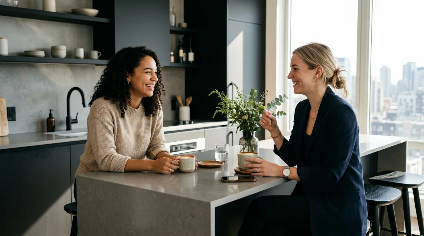 Dos personas conversando en un café antes de decidir si vivirán juntas